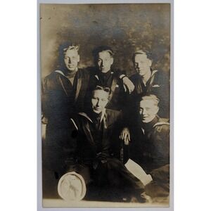 5 Young US Navy Sailors Handsome Studio Portrait Affectionate RPPC Postcard E2